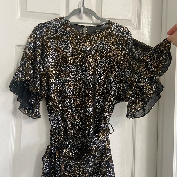 AFRM Mini Ruffle Party Dress Size Medium Black Gold Stars Short Sleeve - Picture 2 of 8